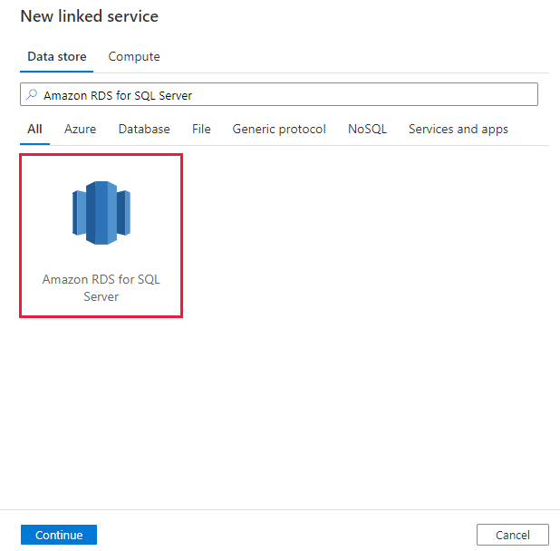 Screenshot del connettore Amazon RDS per SQL Server.