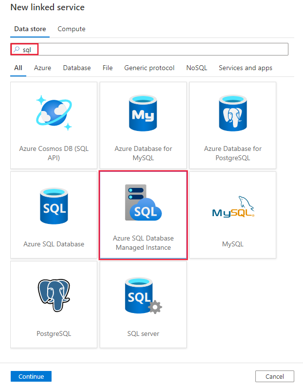 Screenshot del connettore Istanza gestita azure SQL Server.