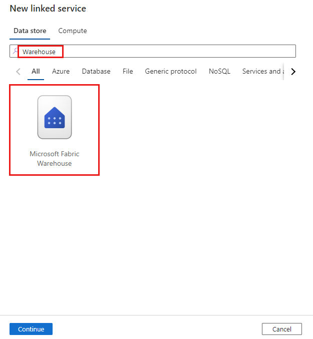Screenshot che mostra la selezione del connettore Microsoft Fabric Warehouse.