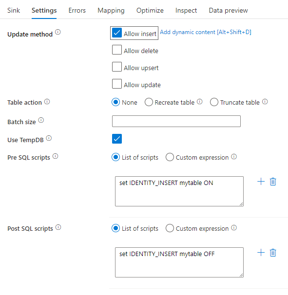 Screenshot che mostra le impostazioni del sink con script di elaborazione SQL pre e post-elaborazione.