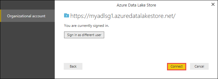 Screenshot della finestra di dialogo Azure Data Lake Store con l'opzione Connetti evidenziata.