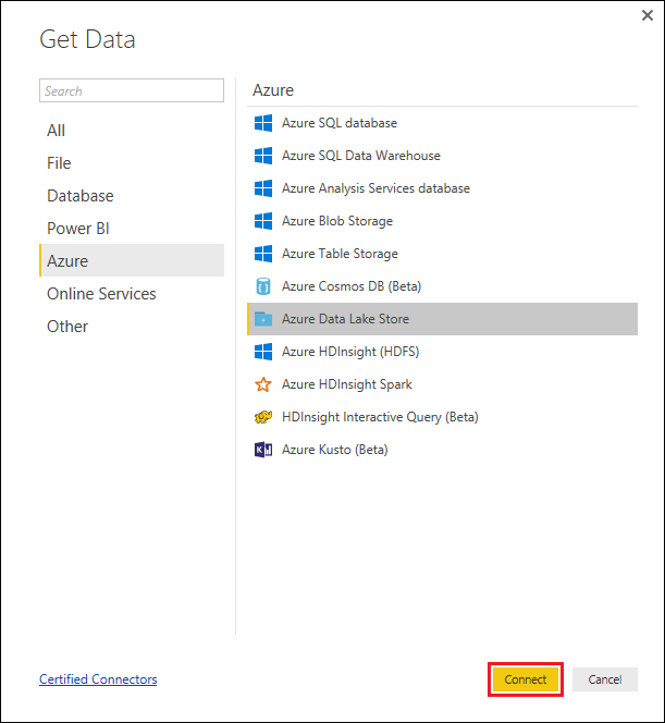 Screenshot della finestra di dialogo Recupera dati con l'opzione Azure Data Lake Store evidenziata e l'opzione Connetti evidenziata.