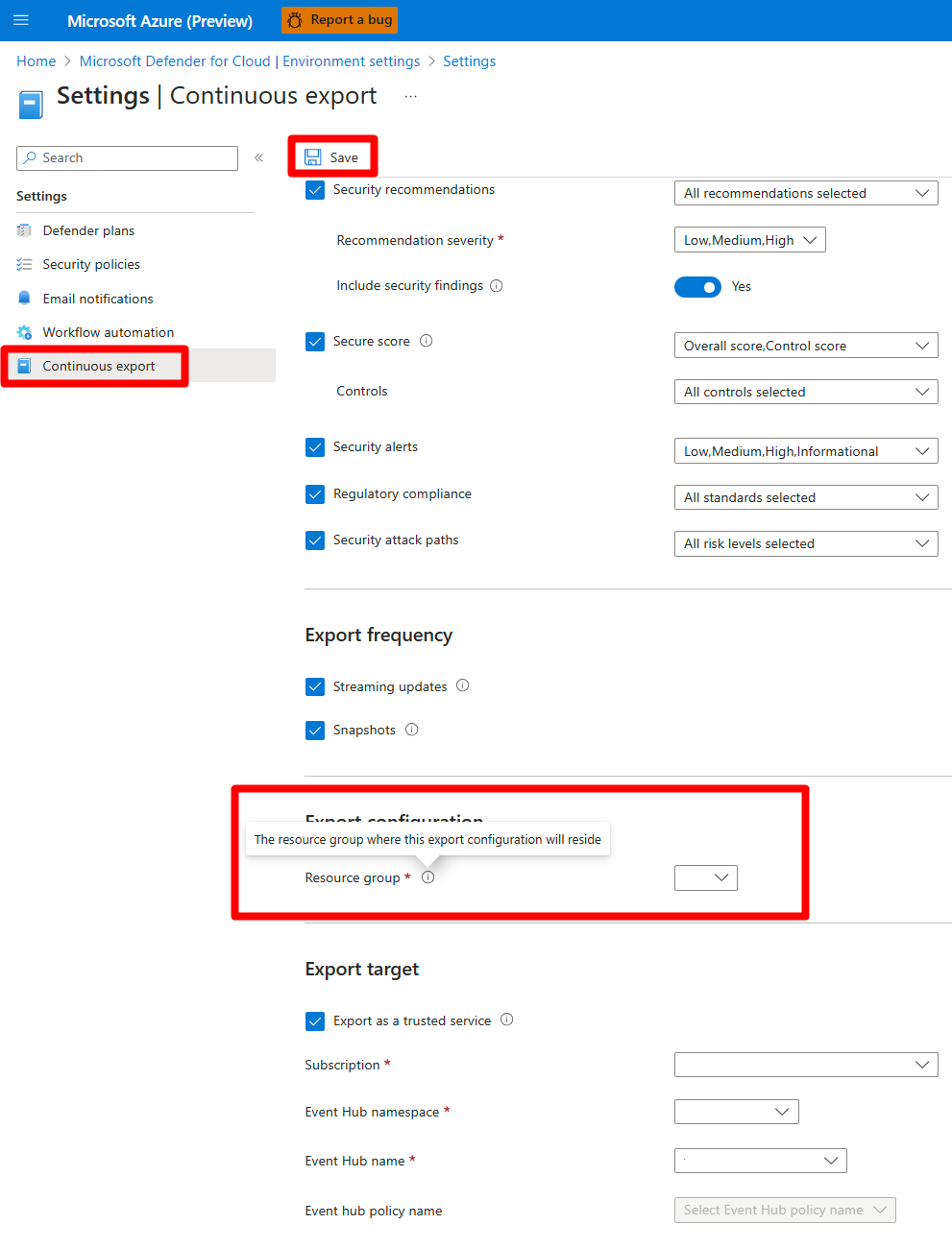 Export options in Microsoft Defender for Cloud.
