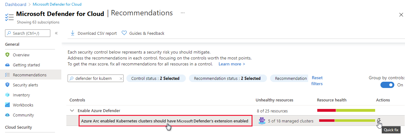 Azure Security Center's recommendation for deploying the Azure Defender extension for Azure Arc-enabled Kubernetes clusters.