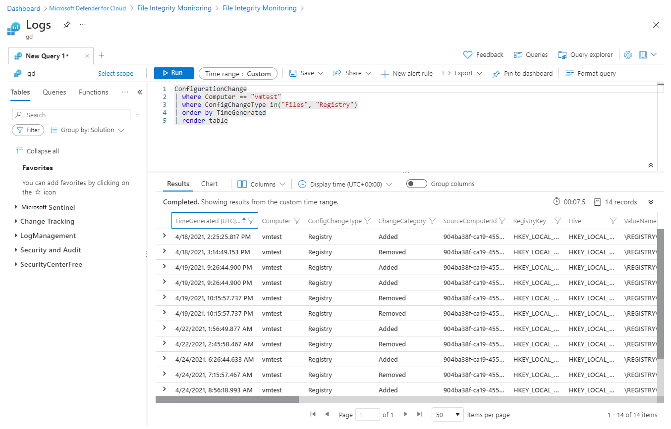 Log Analytics query showing the changes identified by Microsoft Defender for Cloud's file integrity monitoring