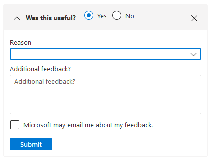 Screenshot della finestra invia commenti e suggerimenti a Microsoft che consente di selezionare l'utilità di un avviso.