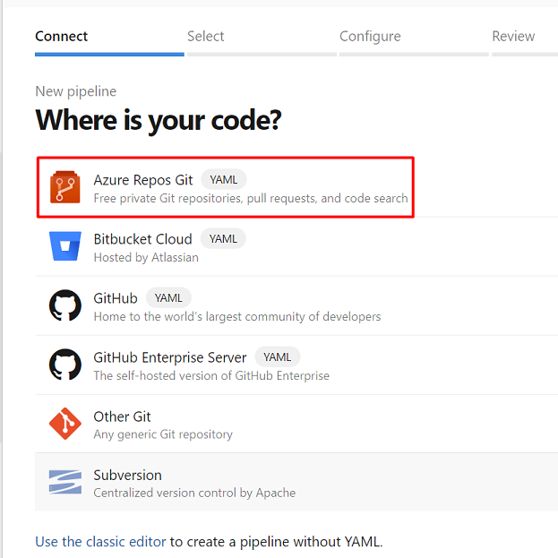 Screenshot che mostra dove passare per selezionare Git del repository di Azure.