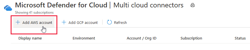 Add AWS account button on Defender for Cloud's multi-cloud connectors page