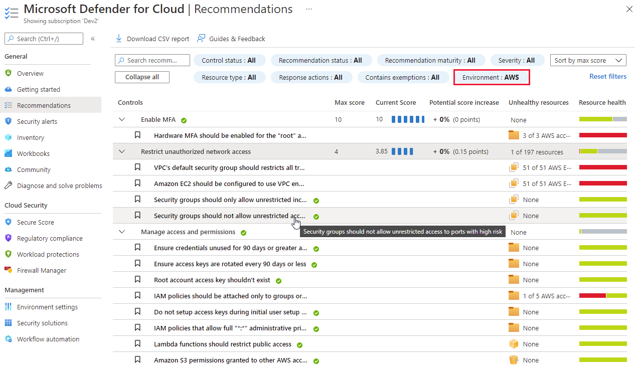 AWS resources and recommendations in Defender for Cloud's recommendations page