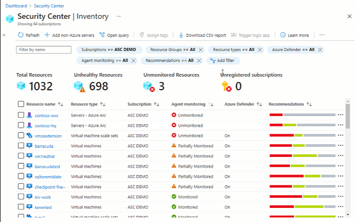 Adding the filter 'contains exemption' in Azure Security Center's asset inventory page