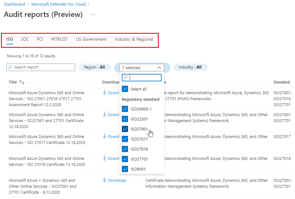 Filtering the list of available Azure Audit reports.
