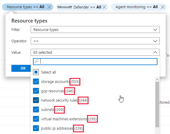 Counts in the filters in the asset inventory page of Azure Security Center.