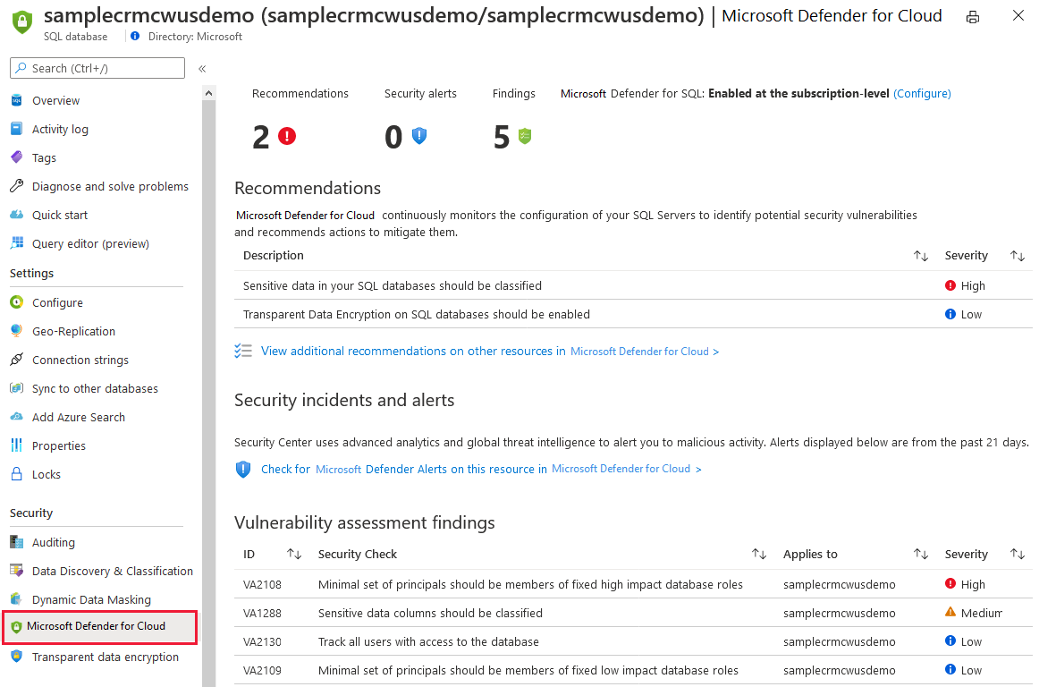 Azure Security Center's security features for SQL are available from within Azure SQL