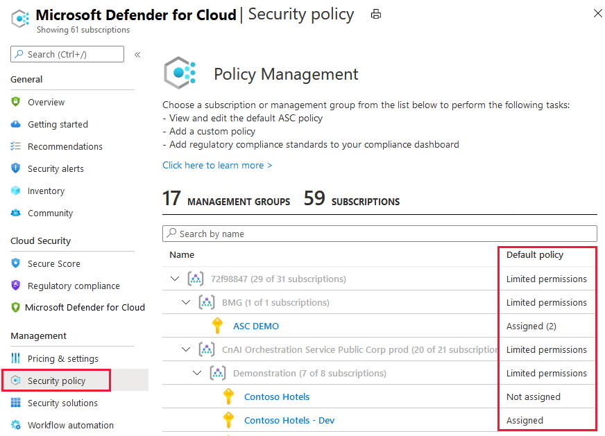 The policy management page of Azure Security Center showing the default policy assignments.