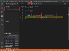 Screenshot che mostra l'esecuzione del debugger in VS Code.