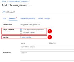 Screenshot che mostra il pulsante di opzione a cui selezionare per assegnare un ruolo a un gruppo Microsoft Entra e il collegamento usato per selezionare il gruppo a cui assegnare il ruolo.