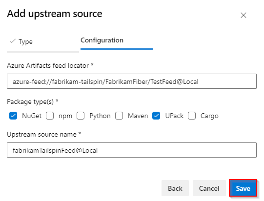 Screenshot che mostra come aggiungere un feed in un'organizzazione diversa come origine upstream.