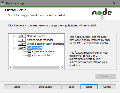 Screenshot che mostra come configurare node.js.