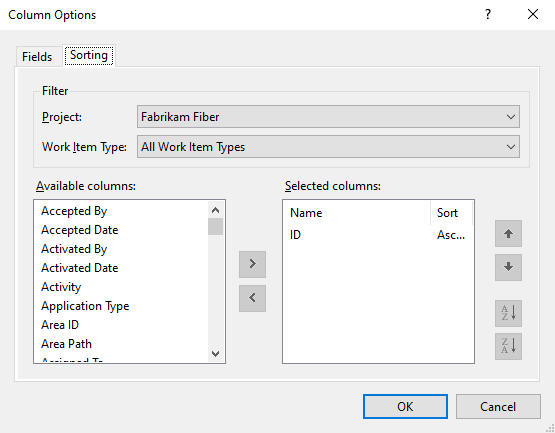 Finestra di dialogo Opzioni colonna, Visual Studio, scheda Ordinamento.