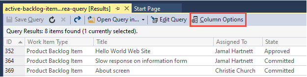 Screenshot dei risultati della query, Visual Studio, aprire Opzioni colonna.