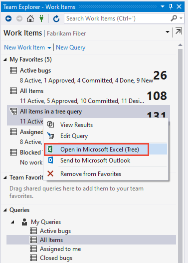 Screenshot di Team Explorer, Elementi di lavoro, Query, menu di scelta rapida.