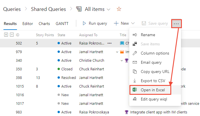 Screenshot di Risultati query, menu di scelta rapida, Apri in Query open boards di Excel.