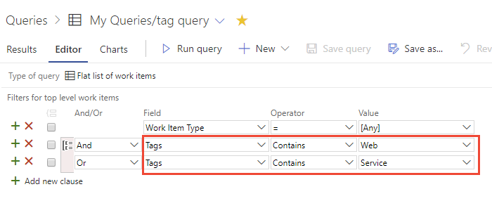 Screenshot delle Editor di query per eseguire query sui tag.