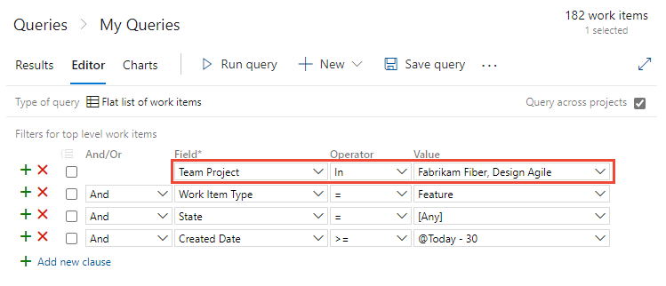 Screenshot di Editor di query con Team Project e altri campi aggiunti per filtrare.