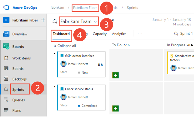 Screenshot che mostra come aprire lo sprint Taskboard per un team.
