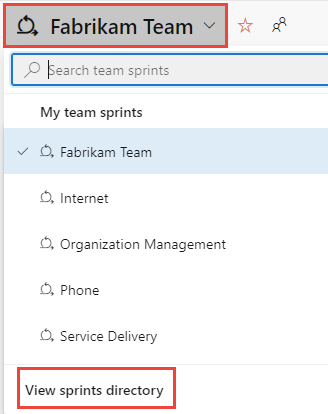 Screenshot che mostra le opzioni del selettore del team di backlog sprint.