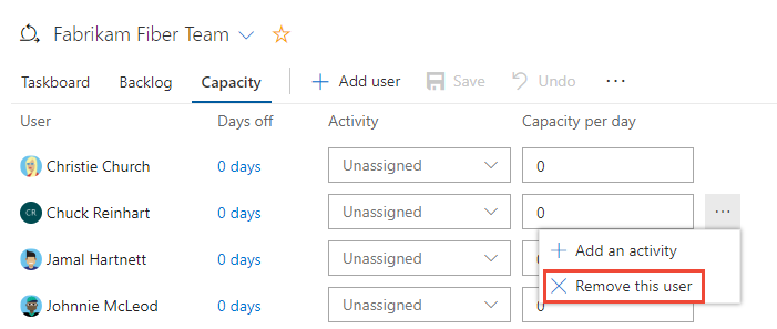Screenshot di Copy capacity Remove user from capacity list (Rimuovi l'utente dall'elenco di capacità).