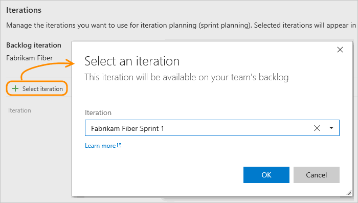 Screenshot of Work, Iterations page for team, select sprint to activate for TFS 2017 through 2018.