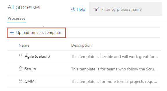 On All processes there is a list of processes with names and descriptions. There is an + Upload process template option, and it is highlighted