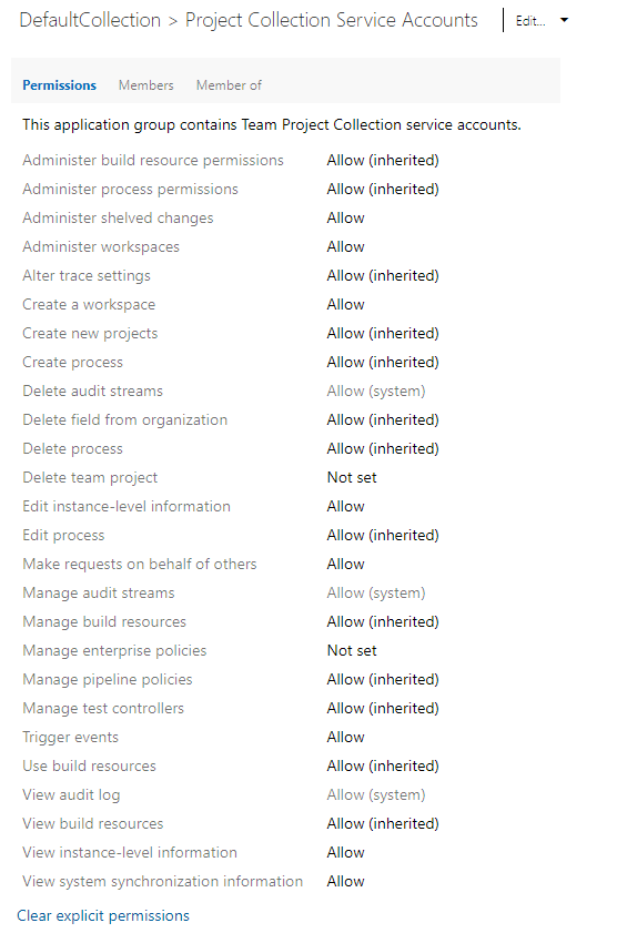 Screenshot della finestra di dialogo Autorizzazioni a livello di raccolta, pagina corrente di Azure DevOps Services e locale.