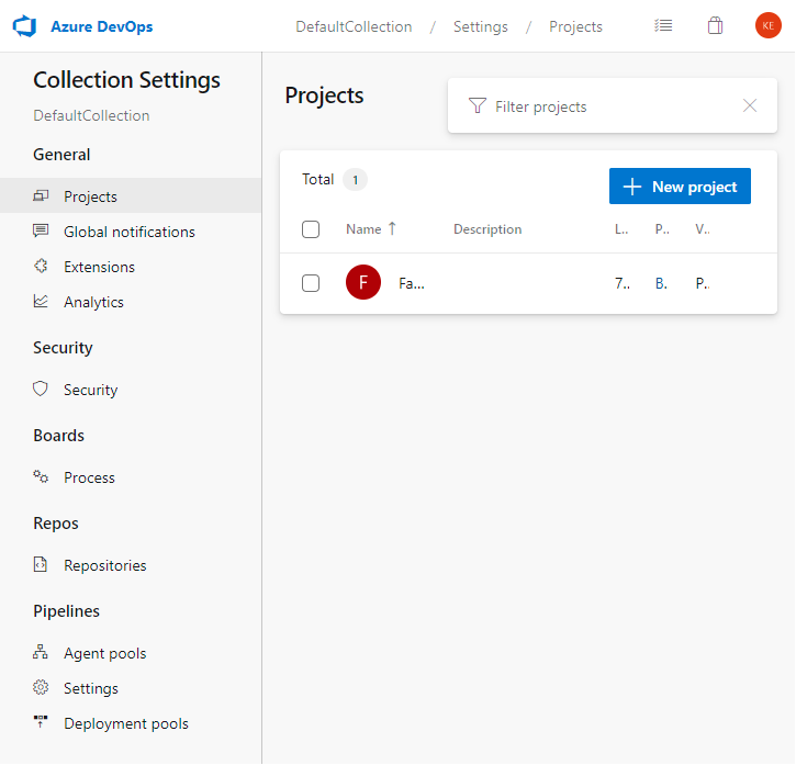 Screenshot delle opzioni delle impostazioni della raccolta, Azure DevOps Server 2022.