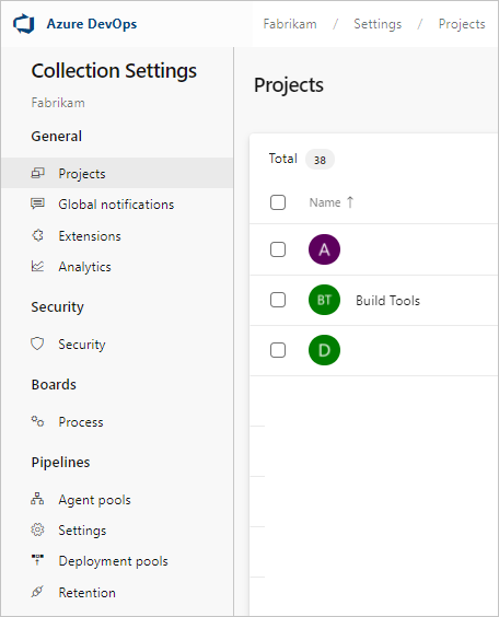 Screenshot delle opzioni delle impostazioni della raccolta, versioni di Azure DevOps Server 2019-2020.