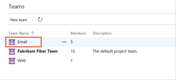 Screenshot of Web portal, project admin context, Overview page, Select a team to configure it