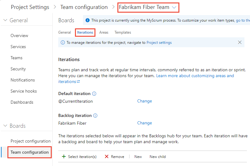 Project settings>Work>Team Configuration>Iterations page