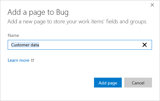 Processo, Tipi di elemento di lavoro, Bug: Layout, Aggiungi una pagina alla finestra di dialogo di bug