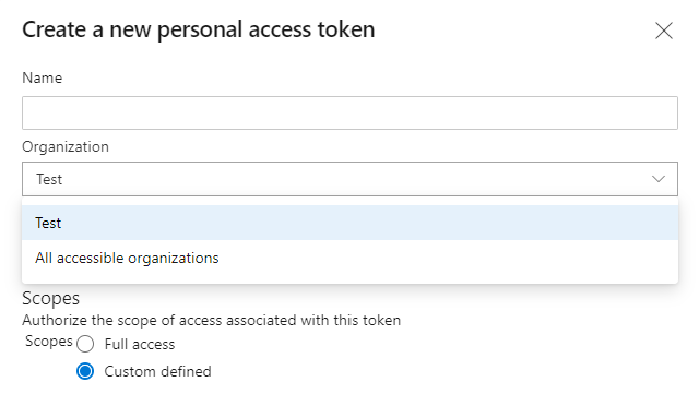 Screenshot dell'impostazione dell'ambito pat su tutte le organizzazioni accessibili.