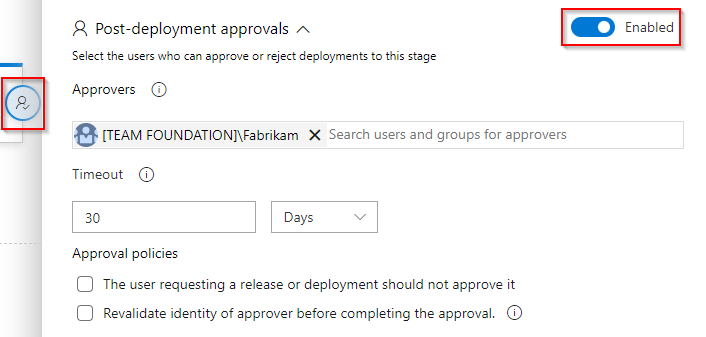 Screenshot che mostra come configurare le approvazioni post-distribuzione.