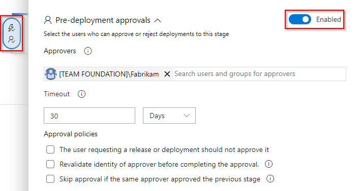 Screenshot che mostra come configurare le approvazioni di pre-distribuzione.