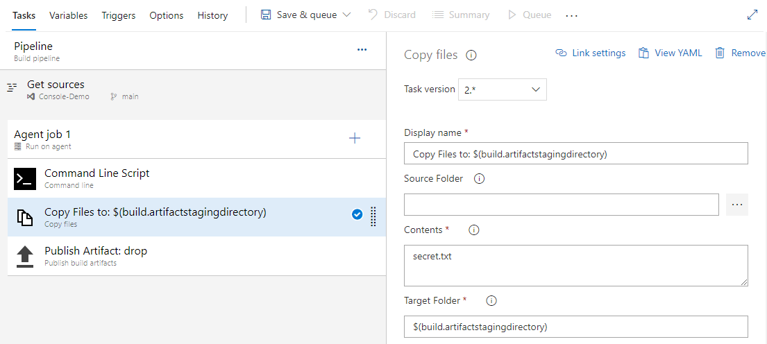Screenshot che mostra come configurare l'attività Copia file.
