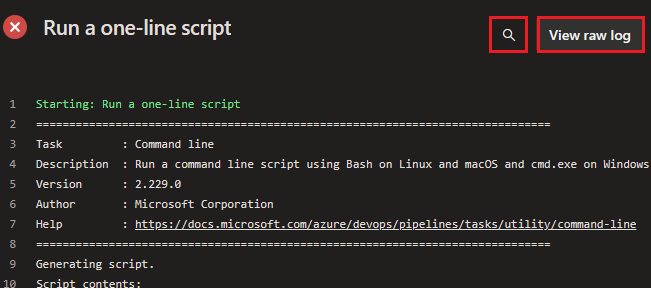 Screenshot delle opzioni di visualizzazione log in Azure DevOps.