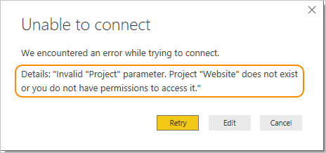 Screenshot che mostra l'errore Project non trovato.