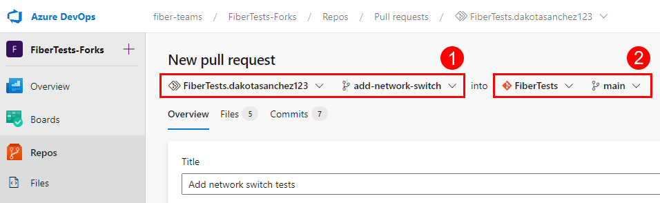 Screenshot delle opzioni origine e ramo di destinazione della richiesta pull in Azure Repos.