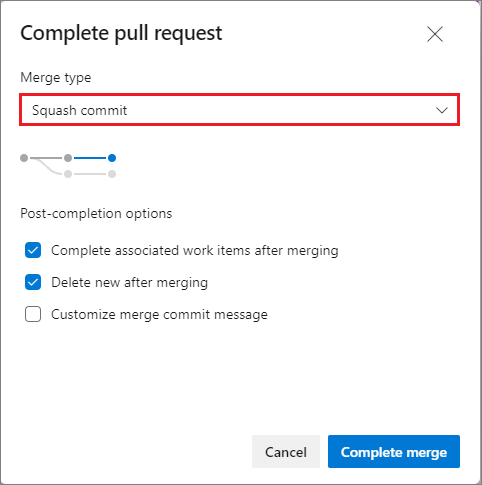 Screenshot della chiusura di una richiesta pull con un merge di squash in Azure Repos.