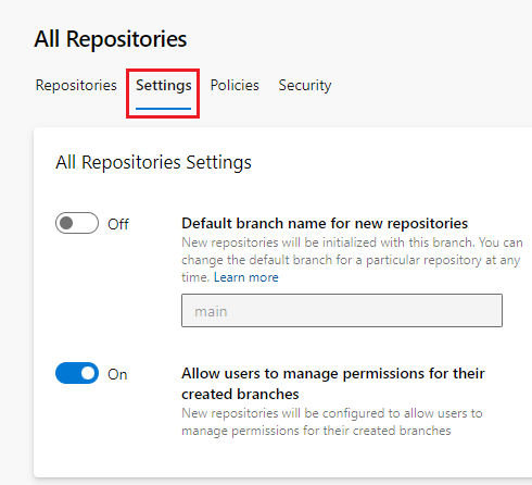 Screenshot che mostra l'Impostazioni del repository per tutti i repository
