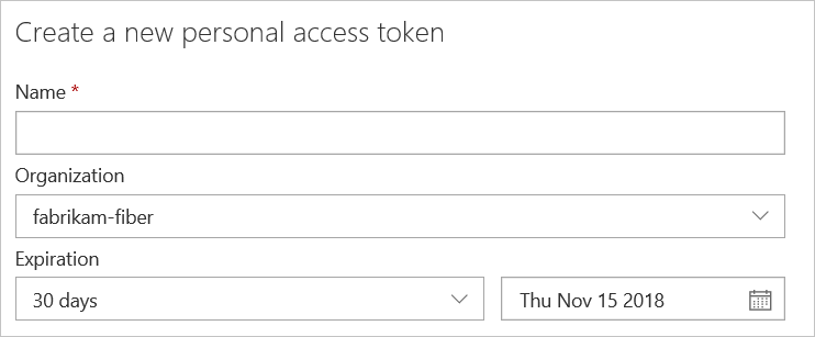 Assegnare un nome al token, selezionare una durata. Se si usa Azure DevOps Services, selezionare un account per il token