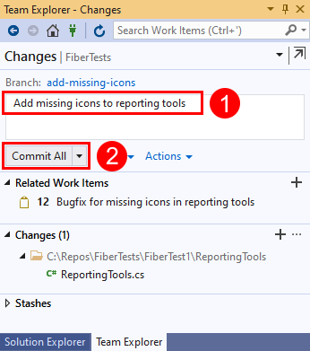 Screenshot del pulsante 'Screenshot del testo del messaggio di commit e 'Commit All' in Visual Studio 2019.